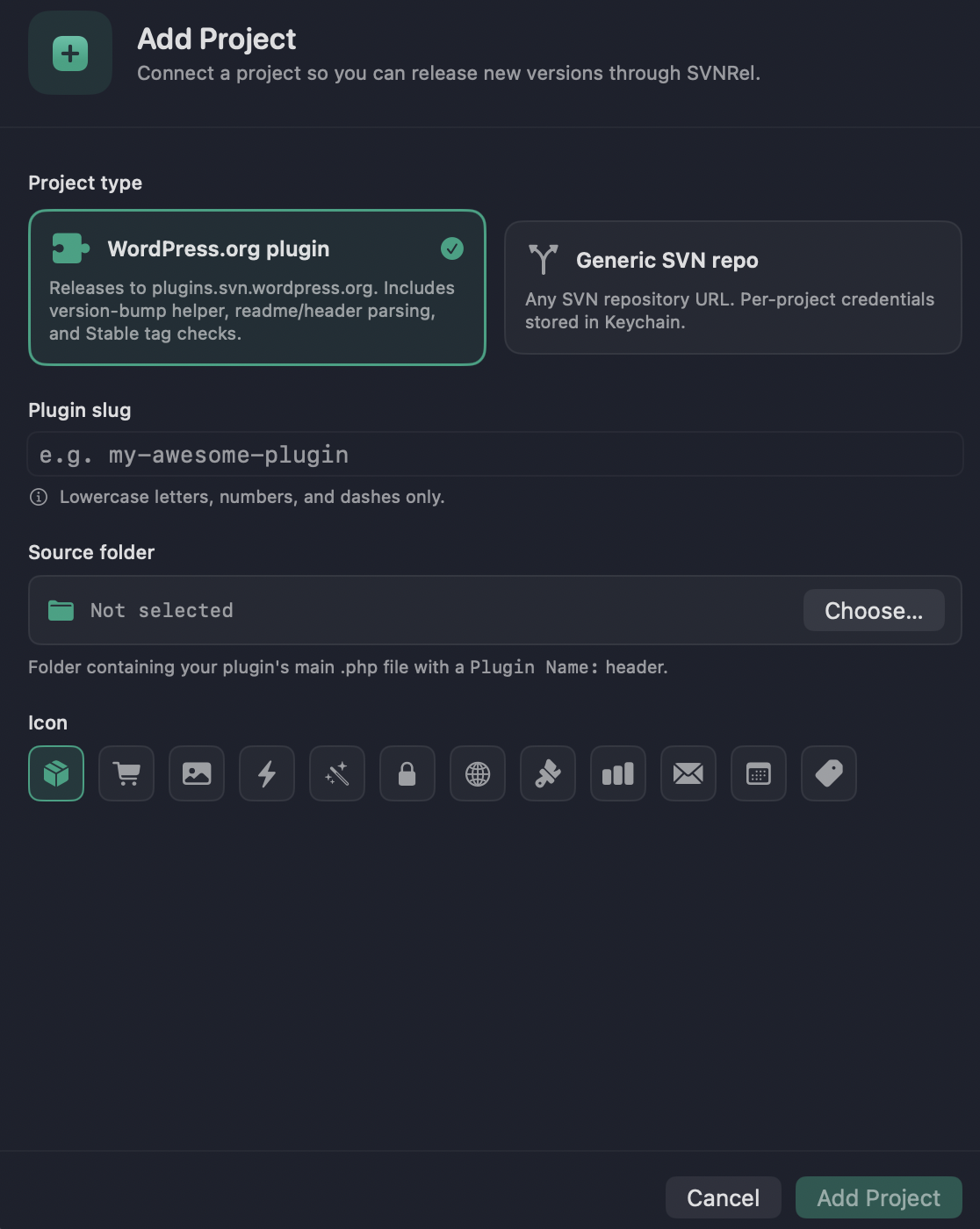 Guided wizard for a WordPress.org plugin, slug-derived SVN URL