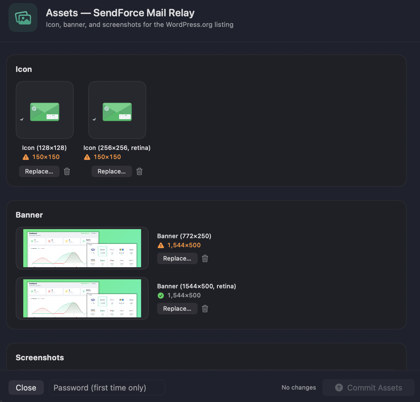 Icon, banner and screenshots with live dimension validation, pushed to /assets/ in one click