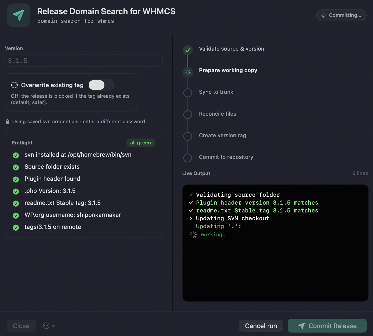 Watch Validate → Prepare → Sync → Tag → Commit with a real-time activity log