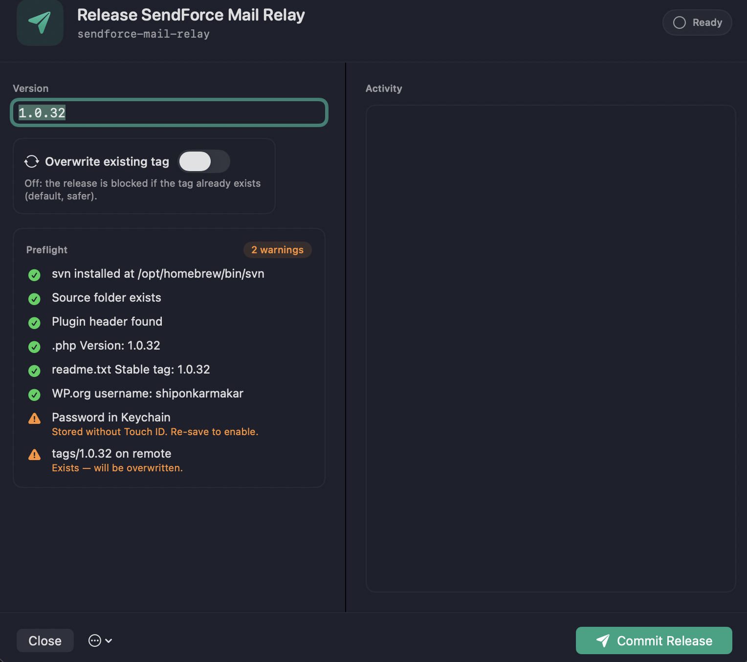 Preflight checklist, overwrite-tag toggle and a live activity log