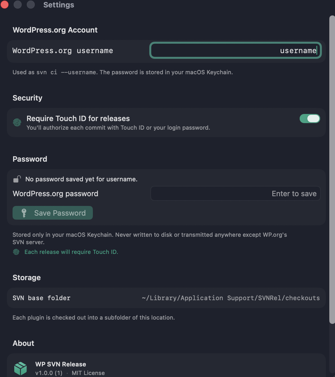 WP.org account, Touch ID, Keychain password and storage location